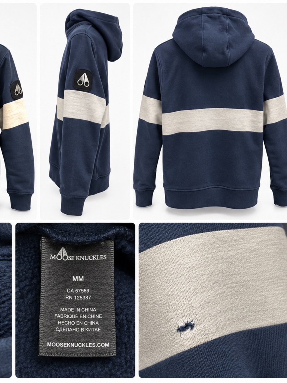 Moose Knuckles Navy Hoodie with Cream Chest Stripe for junior used
